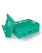 CAJAS CON PAREDES ABATIBLES - Estructura de polipropileno - Para alimentos - Color verde - Capacidad 25 Kg - Capacidad útil 40 Lt - Altura cerrada cm 4,2 - Dimensiones cm 60 x 40 x 18,5