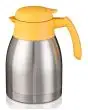TERMO DE VACÍO DE ACERO INOX - CAPACIDAD Lt. 1,5 - DOBLE PARED, TAPA GIRATORIA Y PULSADOR DE EROGACIÓN DE BEBIDAS DE SERIE - COLOR AMARILLO - DIM. cm L ø 14,5 x 20 + 2 h