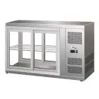 EXPOSITOR DE SOBREMESA VITRINA REFRIGERADA SNACK DE ACERO INOX AISI 430 - CRISTAL RECTO Y PUERTAS DESLIZANTES EN AMBOS LADOS - Mod. G-HAV91 - Temperatura: +2/+8°C - Capacidad Lt. 110 - Alimentación monofásica 230V/1/50Hz - Potencia W 180 - Medidas cm. A 9