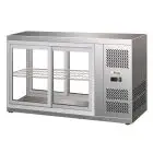 EXPOSITOR DE SOBREMESA VITRINA REFRIGERADA SNACK DE ACERO INOX AISI 430 - CRISTAL RECTO Y PUERTAS DESLIZANTES - Mod. G-HAV111 - Temperatura: +2/+8°C - Capacidad Lt. 150 - Alimentación monofásica 230V/1/50Hz - Potencia W 180 - Medidas cm. A 111 x F 51 x h 