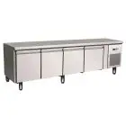 MESA REFRIGERADA DE ACERO INOX AISI 304 - VENTILADO - ALTURA 65 CM - Mod. G-UGN4100TN - GASTRONORM 1/1 (cm 53 x 32,5) - N. 4 PUERTAS - CAPACIDAD BRUTA Lt 350 - TEMPERATURA -2°/+8°C - Medidas cm. A 223 x F 70 x h 65 - CE