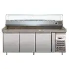 MESA REFRIGERADA PARA PREPARACIÓN DE PIZZA DE ACERO INOX AISI 304 - CON VITRINA PARA INGREDIENTES - PARA CONTENEDORES DE PIZZAS 60 X 40 - VENTILADO - Mod. PZ3600TN33 - 3 PUERTAS REFRIGERADAS - TEMPERATURA +2°/+8°C - Medidas cm. A 202 x F 80 x h 144,5 - CE