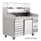 MESA REFRIGERADA PARA PREPARACIÓN DE PIZZA EN ACERO INOX - Mod. EPF3490GR/38 - CLASE ENERGÉTICA A - Con VITRINA DE INGREDIENTES GN 1/3 - PARA CAJAS DE PIZZA cm 60x40 - VENTILADO - N. 1 Puerta - N. 7 CAJONES NEUTROS cm 60x40 - Temperatura -2°/+8°C - Dim. c