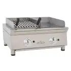 Plancha Frytop Cromo Duro de GAS con Parrilla de GAS de piedra volcánica - Mod 70FRYGCBN - Potencia 5,5 kw - Superficie útil AxF 610x396 mm - Quemadores n 4 - Dimensiones A 692 x F 587 x H 364 mm - Peso 50 kg
