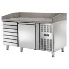 MESA REFRIGERADA PARA PREPARACIÓN DE PIZZA EN ACERO INOX - Para Contenedores o Cajas de PIZZA cm 60 x 40 x 7 H - VENTILADO - Mod. CM1612TN - N. 1 Puerta Refrigerada + 1 CAJONERA NEUTRA de N. 7 CAJONES - TEMPERATURA -2°/+8°C - Medidas cm. L 151,5 x P 80 x 