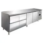 MESA REFRIGERADA EN ACERO INOX AISI 304 - VENTILADA - Mod CXF4140TN - GASTRONORM 1/1 (cm 53 x 32,5) - N 2 PUERTAS REFRIGERADAS - N 4 CAJONES REFRIGERADOS - CAPACIDAD Lt 476 - TEMPERATURA -2°/+8°C - Medidas cm L 223 x P 70 x h 86