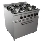 COCINA A GAS 4 FUEGOS - MOD. G7NURG4FG2M2G - Horno estático eléctrico GN 2/1 cm A 68,5 x F 53 x 35 H - Potencia gas kW 24 - Medidas: cm A 80 x F 70 x H 85 - Homologación CE