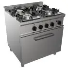 COCINA A GAS 4 FUEGOS - MOD. G7NURG4FO4M - Horno estático a gas GN 2/1 cm A 68,5 x F 53 x 35 H - Potencia total kW 25,9 - Medidas: cm A 80 x F 70 x H 85 - Homologación CE