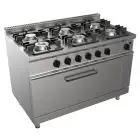 COCINA A GAS 6 FUEGOS - MOD. G7NURG6FG6M - Horno maxi estático a gas cm A 93 x F 53 x 35 H - Potencia gas total kW 39 - Medidas: cm A 120 x F 70 x H 85 - Homologación CE