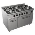 COCINA A GAS 6 FUEGOS - MOD. G7NURG6FN6M - Horno estático a gas GN 2/1 cm A 68,5 x F 53 x 35 H - Armario neutro con puerta - Potencia total kW 34,9 - Medidas: cm A 120 x F 70 x H 85 - Homologación CE