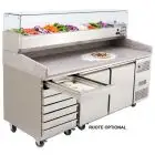 MESA REFRIGERADA PARA PREPARACIÓN DE PIZZA EN ACERO INOX - Mod. FQG4591GR - VENTILADO - N. 2 Puertas - N. 7 CAJONES NEUTROS cm 60x40 - Con Vitrina expositora para ingredientes - Temperatura -0°/+8°C - Dim. cm. L 201 x P 80 x h 100/160 - CE