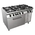 COCINA DE GAS DE 6 FUEGOS - MOD. H7MZE6FE - Sin llama piloto - Horno estático eléctrico GN 2/1 cm L 68,5 x P 53 x 35 H - Compartimento neutro - Potencia total de gas kW 28,5 - Dimensiones: cm L 120 x P 70 x H 85 - CE