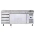 MESA REFRIGERADA PARA PREPARACIÓN DE PIZZA DE ACERO INOX AISI 201 - PARA CONTENEDORES PIZZAS cm 60x40 - VENTILADO - Mod. G-PZ2610TN FC - N. 2 PUERTAS REFRIGERADAS + 1 CAJONERAS NEUTRAS CON N. 7 CAJONES - TEMPERATURA -2°/+8°C - Medidas cm A 202 X F 80 X h 
