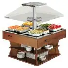 ISLA BUFFET EXPOSITORA CALIENTE - MOD. LAGO8HOT - ESTRUCTURA DE MADERA - Alimentación trifásica V 400/3/50 Hz - Temp. °C +30/+90 - Potencia Total W 3600 - Medidas cm L 140 x P 140 x h 171 - PESO Kg 112