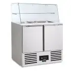 Mesa saladette refrigerada modelo SALADETTE SF 901 G, temperatura +2°C / +8°C, capacidad bruta 257 Lt, dimensiones exteriores 900 x 700 x 1340 mm.