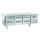Mesa refrigerada de acero inox - Mod UGN 3160 - Refrigeración ventilada - 6 cajones - Capacidad 268 L - Temperatura -2°/+8°C - Dimensiones L 180,3 x P 70 x H 65 cm
