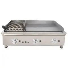 Plancha Frytop rectificada de GAS con Parrilla de GAS de piedra volcánica - Mod 100FRYGRBN - Potencia 11 kw - Superficie útil AxF 918x396 mm - Quemadores n 6 - Dimensiones A 1000 x F 587 x H 364 mm - Peso 69 kg