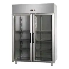 ARMARIO DE REFRIGERACIÓN DE ACERO INOXIDABLE - VENTILADO - Mod BG14ETNPV - GASTRONORM 2/1- CAPACIDAD LT 1400 - N. 2 PUERTAS DE CRISTAL - TEMPERATURA 0/+10°C - Medidas cmL 142 x P 80 x h 203/210 - CE