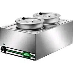 MESA CALIENTE BAÑO MARÍA CON OLLAS - MOD. BMP7720 - Estructura de acero inox - Capacidad cuba 1/1 con n. 2 ollas Lt. 8 - Potencia W 1200 - Alimentación V230 50/60 Hz - Medidas cm A 57 x F 37 x h 28