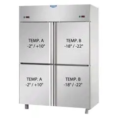 ARMARIO FRIGORÍFICO DE ACERO INOXIDABLE AISI 304 - VENTILADO - REFRIGERADOR + CONGELADROR TN+BT - Mod. A4 I4 MID PN - CAPACIDAD Lt 1380 - 4 PUERTAS PEQUEÑAS - TEMPERATURA TN -2°/+10°C - TEMPERATURA BT -18°/-22°C  Medidas cm L 142 x P 80 x H 203/210 - CE