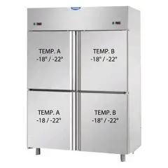 ARMARIO FRIGORÍFICO DE ACERO INOXIDABLE AISI 304 - VENTILADO - MIXTO BT+BT - Mod. A4 I4 MID NN - CAPACIDAD Lt 1380 - 4 PUERTAS PEQUEÑAS - TEMPERATURA BT -18°/-22°C - Medidas cm L 142 x P 80 x H 203/210 - CE