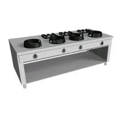 COCINA EURASIA A GAS 7 FUEGOS  - MOD. PAP07 - Construida exclusivamente a medida - Armario abierto - Estante liso - Potencia a gas a elegir entre kW 3,0/4,5/7,5/9,5/14/21 - Medidas: cm A 200 x F 100 x H 85 - Homologación CE