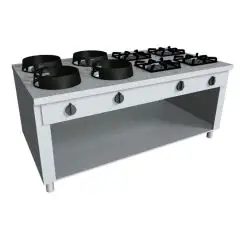 COCINA EURASIA A GAS 8 FUEGOS CON COMANDOS PASANTES - MOD. PAP082C - Construida exclusivamente a medida - Armario abierto - Estante liso - Potencia a gas a elegir entre kW 3,0/4,5/7,5/9,5/14/21 - Medidas: cm A 200 x F 110 x H 85 - Homologación CE