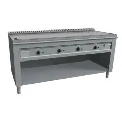 COCINA TEPPANYAKI A GAS 4 FUEGOS  - MOD. VGP4180L - 4 zonas de cocción - Construida exclusivamente a medida - Armario abierto - Plancha de cocción en baño de cromo duro y lúcido - Canal perimetral - Potencia a gas kW 23,2 (4x5,8 kW) - Medidas: cm A 180 x 