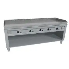 COCINA TEPPANYAKI A GAS 5 FUEGOS  - MOD. VGO5200L - 5 zonas de cocción - Construida exclusivamente a medida - Armario abierto - Plancha de cocción en baño de cromo duro y lúcido - Peto y protecciones en los 4 lados - Potencia a gas kW 29,0 (5x5,8 kW) - Me