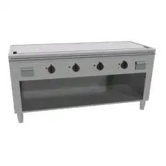 COCINA TEPPANYAKI ELÉCTRICA 4 zonas de cocción  - MOD. VGP4160G - Construida exclusivamente a medida - Armario abierto - Plancha de cocción en baño de cromo duro y lúcido - Canal perimetral - Potencia eléctrica kW 21,6 (4x5,4 kW) - Alimentación trifásica 