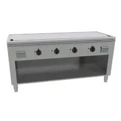 COCINA TEPPANYAKI ELÉCTRICA 4 zonas de cocción  - MOD. VGP4180G - Construida exclusivamente a medida - Armario abierto - Plancha de cocción en baño de cromo duro y lúcido - Canal perimetral - Potencia eléctrica kW 21,6 (4x5,4 kW) - Alimentación trifásica 
