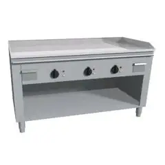 COCINA TEPPANYAKI ELÉCTRICA 3 zonas de cocción  - MOD. VGO3140G - Construida exclusivamente a medida - Armario abierto - Plancha de cocción en baño de cromo duro y lúcido - Peto y protecciones en los 4 lados - Potencia eléctrica kW 16,2 (3x5,4 kW) - Alime