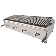 Barbacoa de GAS de piedra volcánica - Mod 130BAR - Potencia 22 kw - Parrilla pavonada (AxF) 1226x396 mm - Quemadores n 8 - Dimensiones A 1310 x F 587 x H 364 mm - Peso 78 kg