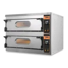 HORNO ELÉCTRICO PARA PIZZA - Mod. UMD 44 BIG - CONTROL ELECTRÓNICO con PANTALLA - N. 2 cámaras - Base refractaria o Techo y base refractarios - Bajos consumos - Medidas de la cámaras (x2) cm A 72 x F 72 x h 14 - N. Pizzas 4 + 4 (Ø cm 36) - N. 2 bandejas 6