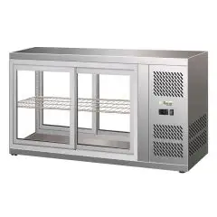 EXPOSITOR DE SOBREMESA VITRINA REFRIGERADA SNACK DE ACERO INOX AISI 430 - CRISTAL RECTO Y PUERTAS DESLIZANTES - Mod. G-HAV131 - Temperatura: +2/+8°C - Capacidad Lt. 190 - Alimentación monofásica 230V/1/50Hz - Potencia W 180 - Medidas cm. A 131 x F 51 x h 