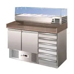 MESA REFRIGERADA PARA PREPARACIÓN DE PIZZA DE ACERO INOX AISI 304 - GASTRONORM 1/1 (cm 53 x 32,5) - ESTÁTICO - Mod. G-S903PZCAS - CON VITRINA PARA INGREDIENTES - 2 PUERTAS REFRIGERADAS + N. 6 CAJONES NEUTROS - TEMPERATURA +2°/+8°C - Medidas cm. A 140 x F 
