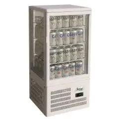 EXPOSITOR VITRINA DE SOBREMESA REFRIGERADO PARA BEBIDAS - CRISTAL DOBLE EN LOS 4 LADOS - Mod. G-TCBD68 -Temperatura +2º/+8ºC - CAPACIDAD Lt 68 -  Alimentación MONOFÁSICA 230V/1/50Hz - Potencia W 160 - Medidas cm A 42,8 x F 38,6 x h 92,4 - Peso Kg 33