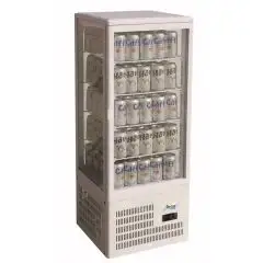 EXPOSITOR VITRINA DE SOBREMESA REFRIGERADO PARA BEBIDAS - CRISTAL DOBLE EN LOS 4 LADOS - Mod. G-TCBD98 -Temperatura +2º/+8ºC - CAPACIDAD Lt 98 -  Alimentación MONOFÁSICA 230V/1/50Hz - Potencia W 170 - Medidas cm A 42,8 x F 38,6 x h 115 - Peso Kg 38