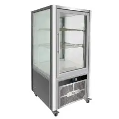 EXPOSITOR REFRIGERADO VERTICAL DE ACERO INOX AISI 430 - CRISTAL DOBLE EN LOS 4 LADOS - Mod. G-VGP200R - VENTILADO - CAPACIDAD Lt 200 - TEMPERATURA +2°/+8°C - Medidas cm A 70,1 x F 74,2 x h 130 - CE