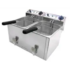 FREIDORA ELÉCTRICA CON GRIFO DE SOBREMESA - Mod. FR 8+8 - Capacidad de las cubas Lt. 8 + 8 de aceite - Potencia kW 3 + 3 - Alimentación monofásica - Medidas cm A 52,5 x F 40 x 34,5h - Homologación CE