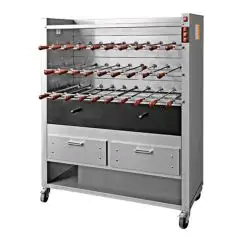 ASADOR A LA BRASA - MOD. CHURRASCO/CM20C - Motorreductores independientes para cada espada - N. 20 Spade - N° pisos: 3 - Potencia: 80 W - Alimentación MONOFÁSICA  - Medidas: cm A 132 x F 56,5 x 162 h - CE