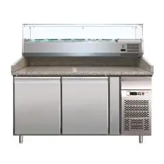 MESA REFRIGERADA PARA PREPARACIÓN DE PIZZA DE ACERO INOX AISI 304 - CON VITRINA PARA INGREDIENTES - PARA CONTENEDORES DE PIZZAS 60 X 40 - VENTILADO - Mod. G-PZ2600TN33 - 2 PUERTAS REFRIGERADAS - TEMPERATURA +2°/+8°C - Medidas cm. A 151 x F 80 x h 144,5 - 