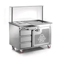 PLANCHA FRÍA CON MUEBLE SOBRE RUEDAS - MOD. VRLEG1200 - Para HELADO A LA PLANCHA - Superficie de trabajo en GRANITO con N. 6 GN 1/9 - CAJONERA de 3 cajones - Temperatura máx. de trabajo -38°C - Alimentación MONOFÁSICA - Potencia Kw 1,23 - Medidas de la PL