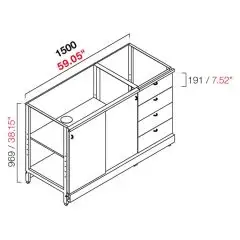 CONTRA MOSTRADOR BAR NEUTRO - PANEL SEMIACABADO - MOD. RBL1500SCORRCASS - ESTRUCTURA METÁLICA - N. 2 PUERTAS CORREDERAS EN MELAMINA GRIS - N. 4 CAJONES EN MELAMINA GRIS - DISPONIBLE EN 3 PROFUNDIDADES: cm 40, 55, 63 - DIM cm L 150 X H 96,9