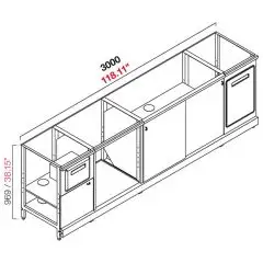 CONTRA MOSTRADOR BAR NEUTRA PARA CAFETERA - PANEL SEMIACABADO - MOD. RBL3000MC - ESTRUCTURA METÁLICA - N. 1 CAJÓN INFERIOR - N. 2 PUERTAS CORREDERAS EN MELAMINA GRIS - N. 1 COMPARTIMENTO NEUTRO PARA INSERTAR ARANDELAS DE VASOS - N. 1 TOLVA