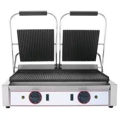 PLANCHA ELÉCTRICA EN HIERRO FUNDIDO - Mod. R 2 - Plancha Doble Acanalada - Área de cocción cm 48x24 - Potencia kW 1,8 (x2) - Alimentación monofásica - Medidas cm L 56,5 x P 31 x 22h - CE