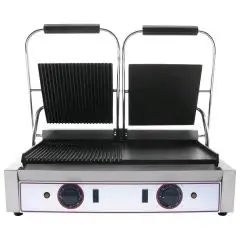 PLANCHA ELÉCTRICA EN HIERRO FUNDIDO - Mod. R2L 2 - Plancha doble 1/2 lisa y 1/2 acanalada - Área de cocción cm 48x24 - Potencia kW 1,8 (x2) - Alimentación monofásica - Medidas cm L 56,5 x P 31 x 22h - CE