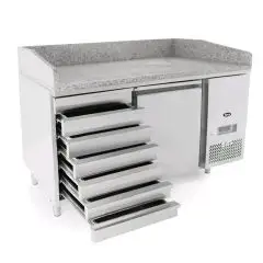 MESA REFRIGERADA PARA PREPARACIÓN DE PIZZA EN ACERO INOX - Mod. FQG4511 - PARA CAJAS DE PIZZA cm 60x40 - VENTILADO - N. 1 Puerta - N. 7 CAJONES NEUTROS cm 60x40 - Temperatura 0°/+8°C - Dim. cm. L 151 x P 80 x h 100/160 - CE