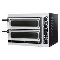 HORNO ELÉCTRICO MECÁNICO PARA PIZZA - Mod. BASIC 2/40 - N. 2 cámaras con cristal - Superficies de cocción con piedras refractarias - Medidas de la cámara cm A 41 x F 36 x H 9 - N. Pizzas 1 + 1 (Ø cm 32) - Potencia 2,4 Kw - CE