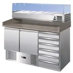 MESA REFRIGERADA PARA PREPARACIÓN DE PIZZA DE ACERO INOX AISI 201 - GASTRONORM 1/1 (cm 53 x 32,5) - ESTÁTICO -  Mod. G-S903PZCAS/14033V FC - CON VITRINA PARA INGREDIENTES - 2 PUERTAS REFRIGERADAS + N. 6 CAJONES NEUTROS - TEMPERATURA +2°/+8°C - Medidas cm.